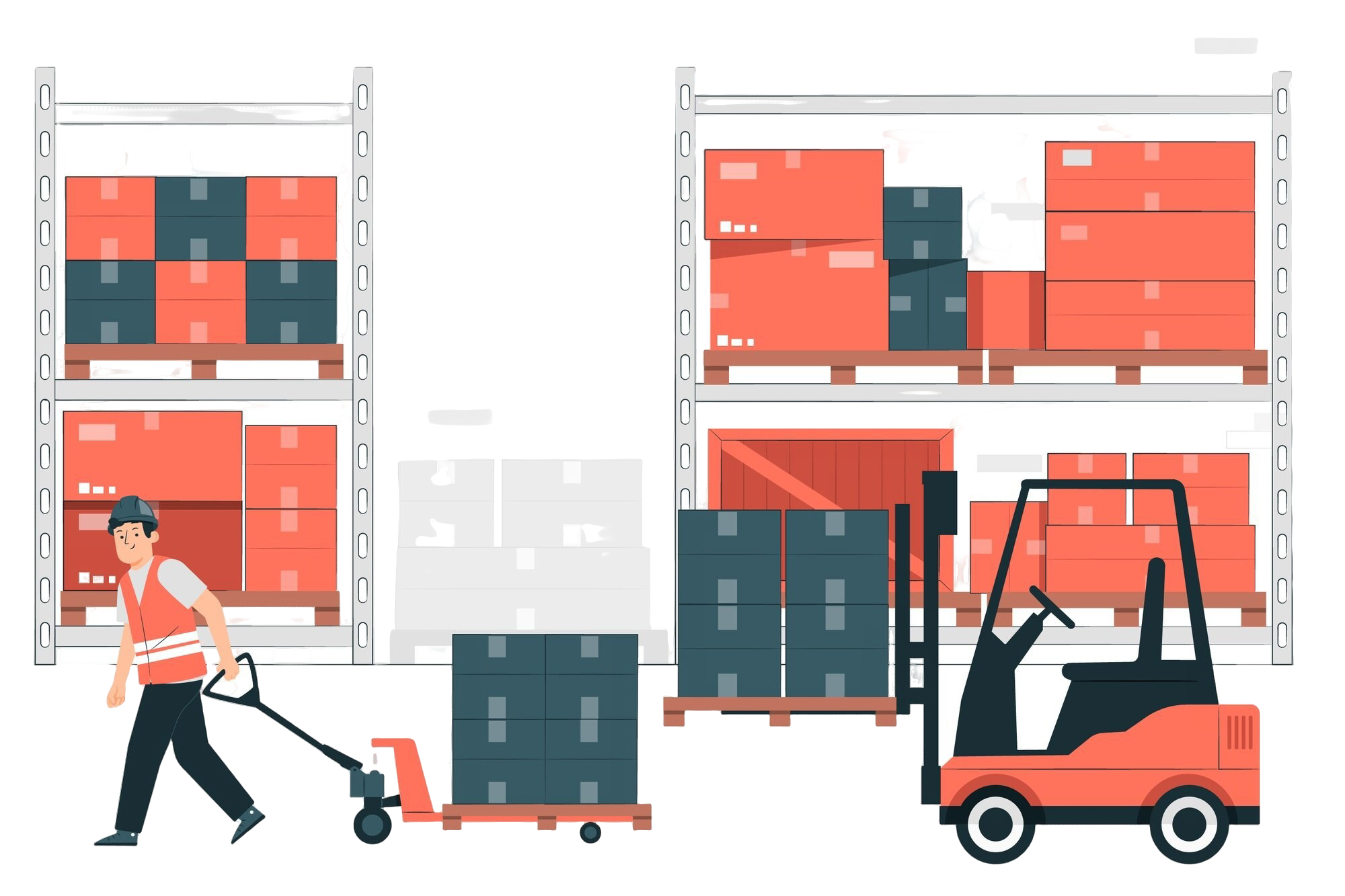 Illustration of a warehouse with shelves filled with red and black boxes. A worker in a safety vest pulls a pallet jack with black boxes, while a red forklift is parked nearby.