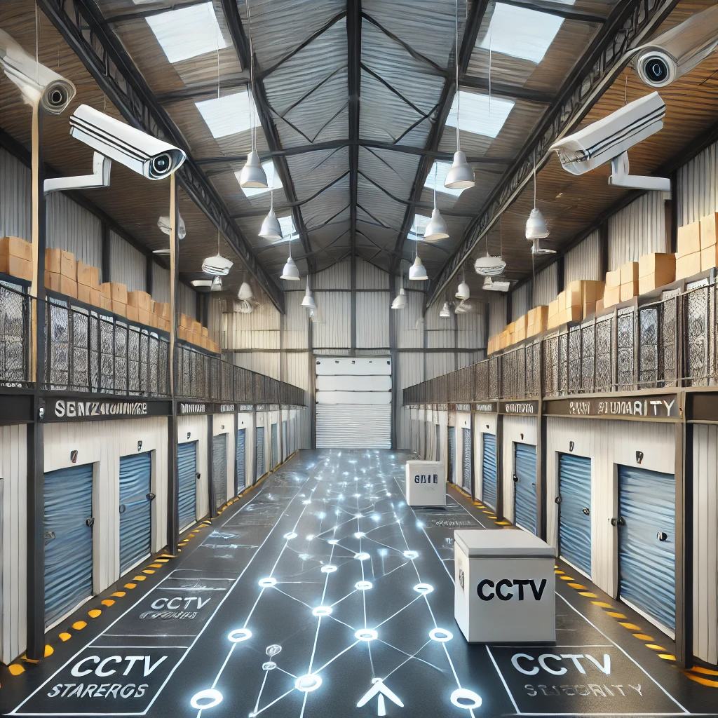 A modern warehouse interior with high ceilings, lined with storage units. CCTV cameras are mounted above, and a glowing network pattern is projected on the floor, highlighting security and surveillance themes.