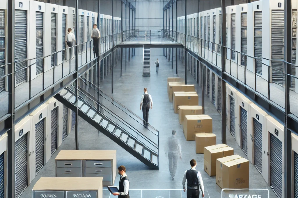 A futuristic warehouse interior with people walking among storage units and large cardboard boxes. Holographic diagrams display data and visuals on storage management. Metal walkways and stairs lead to different levels of the facility.