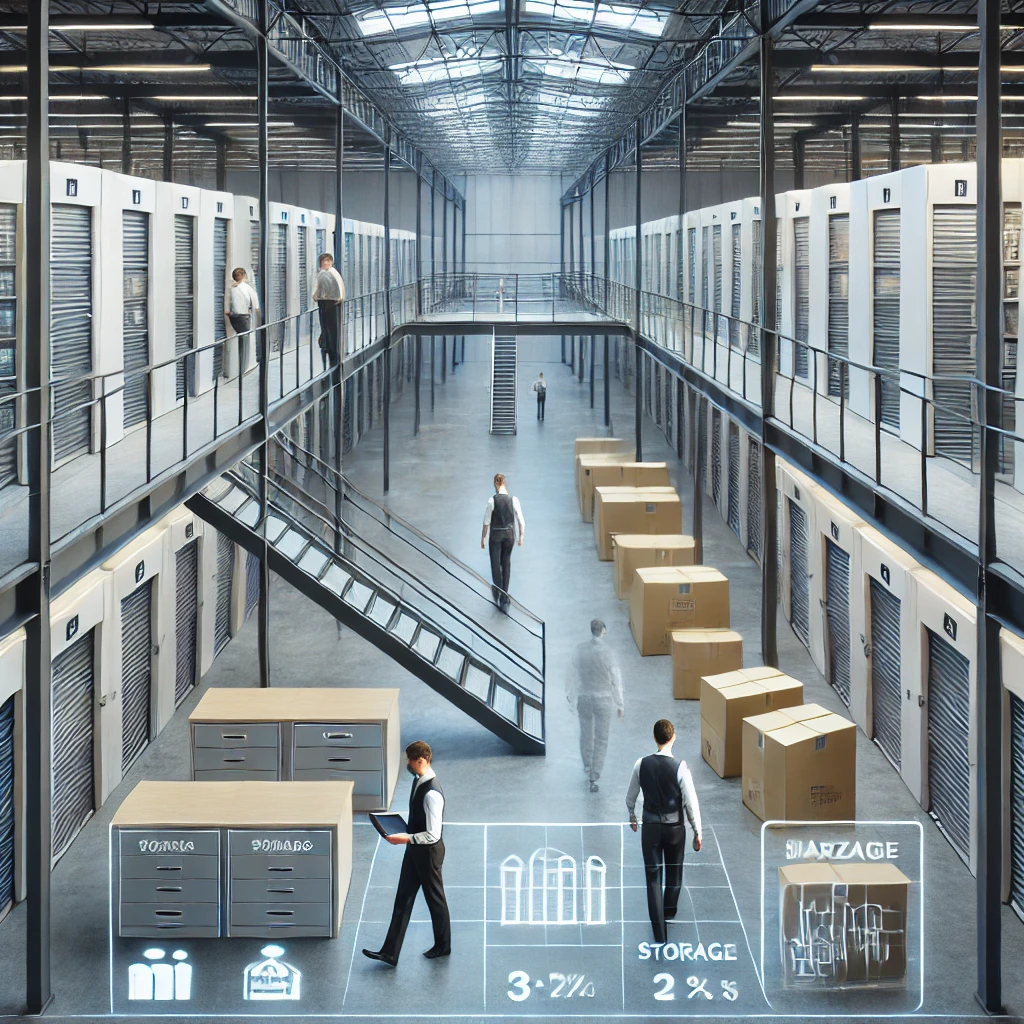 A futuristic warehouse interior with people walking among storage units and large cardboard boxes. Holographic diagrams display data and visuals on storage management. Metal walkways and stairs lead to different levels of the facility.