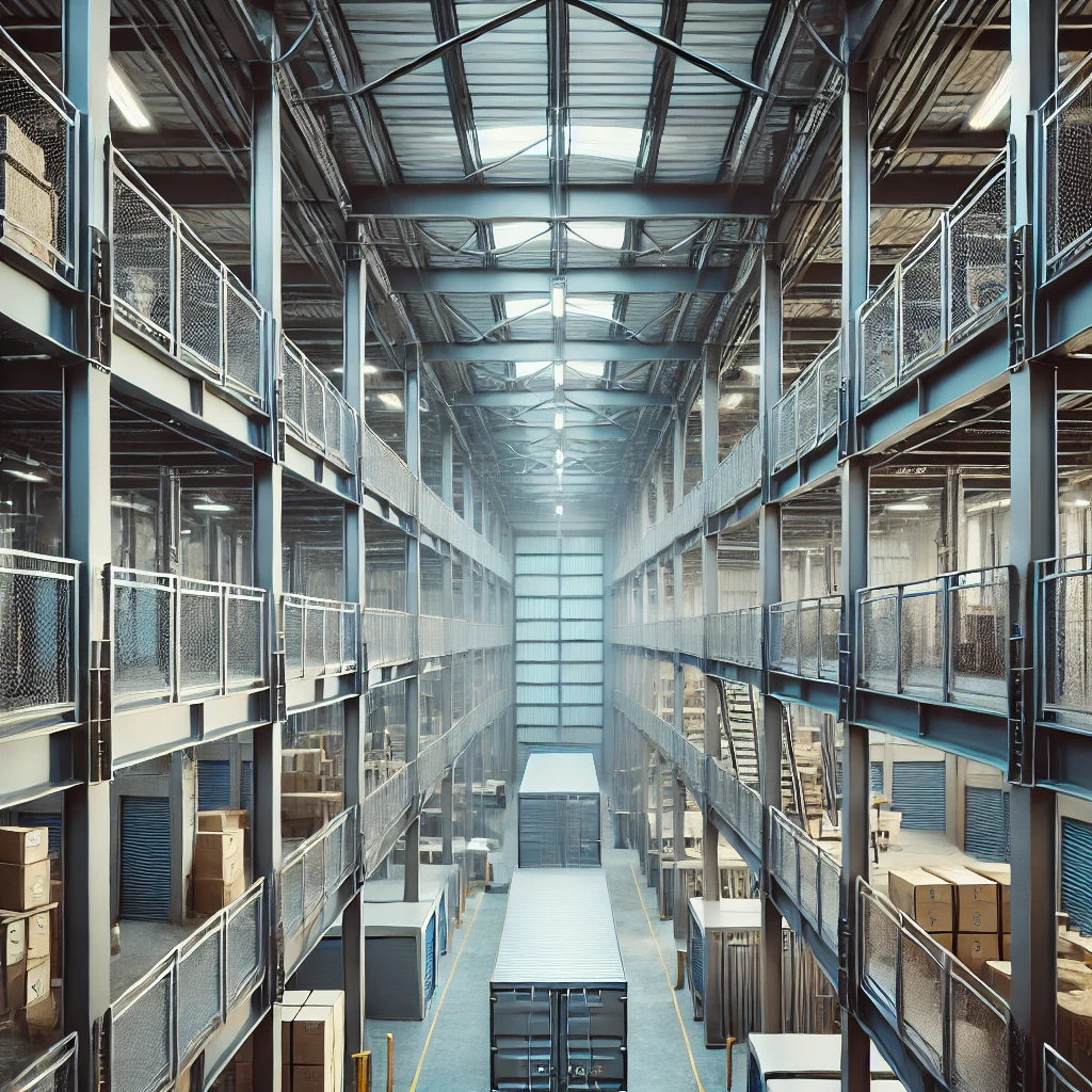 A spacious, well-lit warehouse interior with high ceilings, metal racks, and organized shelves full of boxes. The warehouse features upper-level walkways and large skylights, creating an industrial and efficient atmosphere.