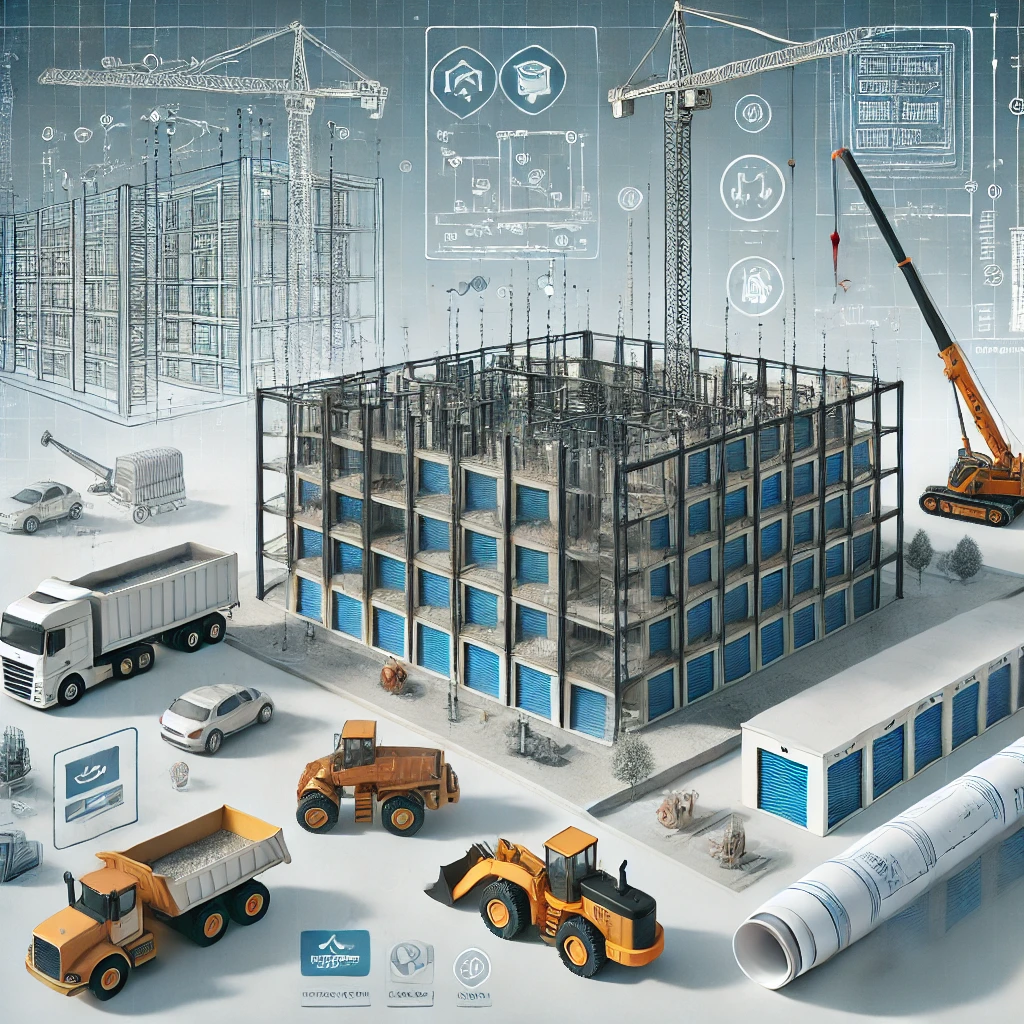 Illustration of a construction site featuring a multi-story building framework, cranes, and trucks among the bustling activity. Blueprints overlay the scene, highlighting architecture and engineering elements as workers expertly shape the future of self storage units.