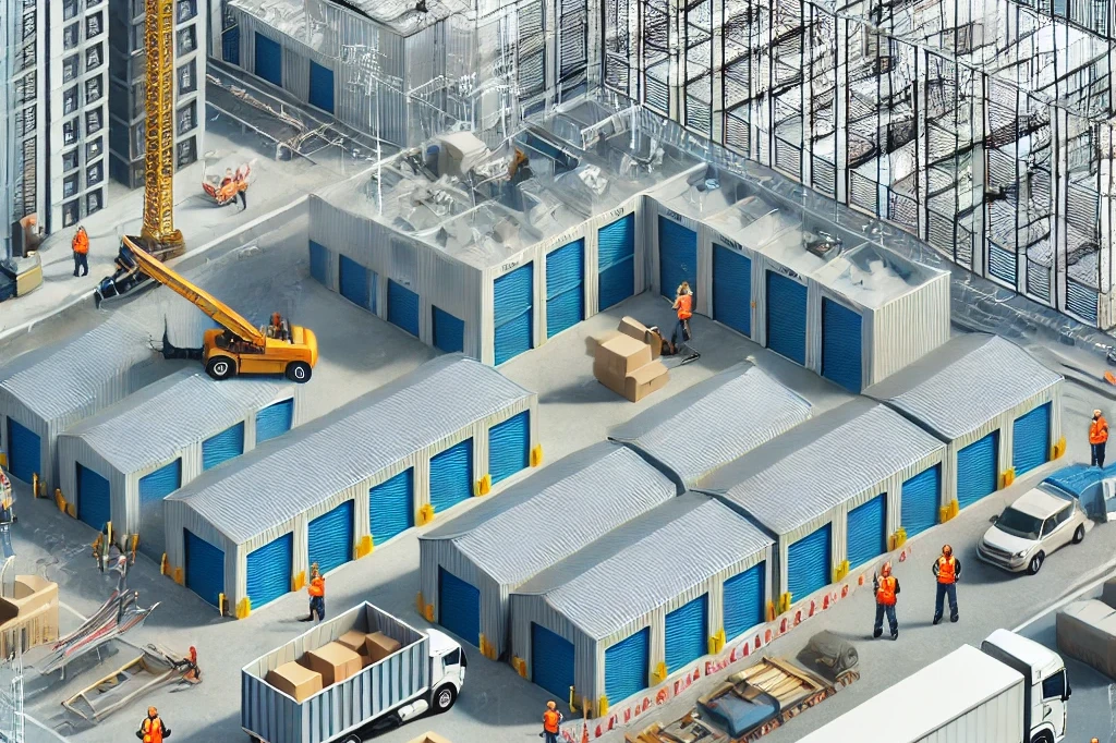 Amidst the bustling construction site with storage units, trucks, and workers in safety vests, a crane looms over several buildings in the background. Boxes and construction materials are scattered around as part of the dynamic process of building self-storage units.