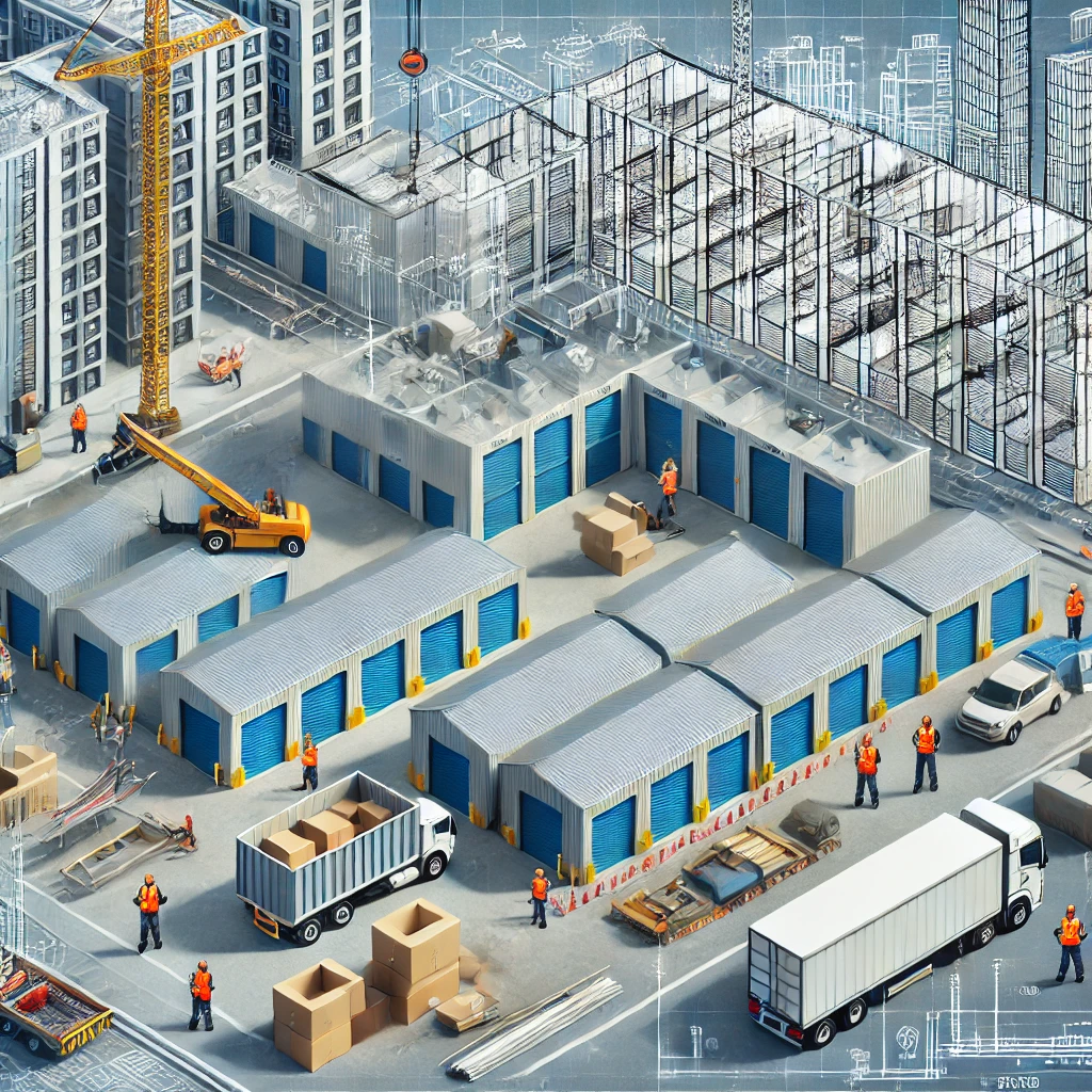 Amidst the bustling construction site with storage units, trucks, and workers in safety vests, a crane looms over several buildings in the background. Boxes and construction materials are scattered around as part of the dynamic process of building self-storage units.