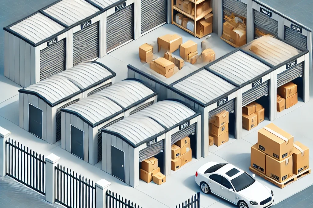 Isometric illustration of a fenced storage facility with multiple storage units, some open to reveal stacked boxes. A white car is parked near the entrance, and security cameras are mounted on the walls.