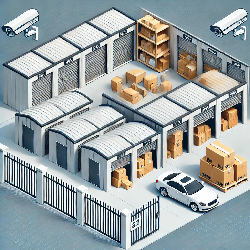 Isometric illustration of a fenced storage facility with multiple storage units, some open to reveal stacked boxes. A white car is parked near the entrance, and security cameras are mounted on the walls.