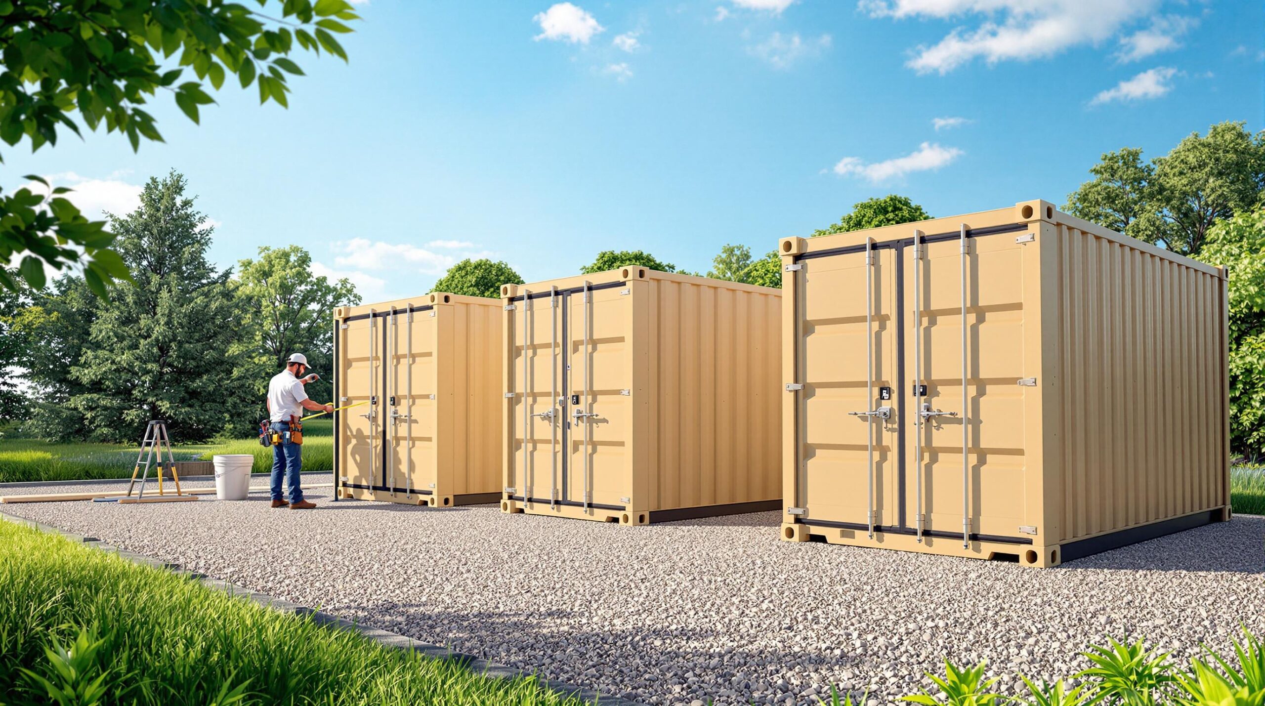 A person wearing a white shirt and hard hat stands near three beige shipping containers on a gravel area. The scene is outdoors, surrounded by green grass and trees, with a blue sky and scattered clouds. A ladder and bucket are nearby.