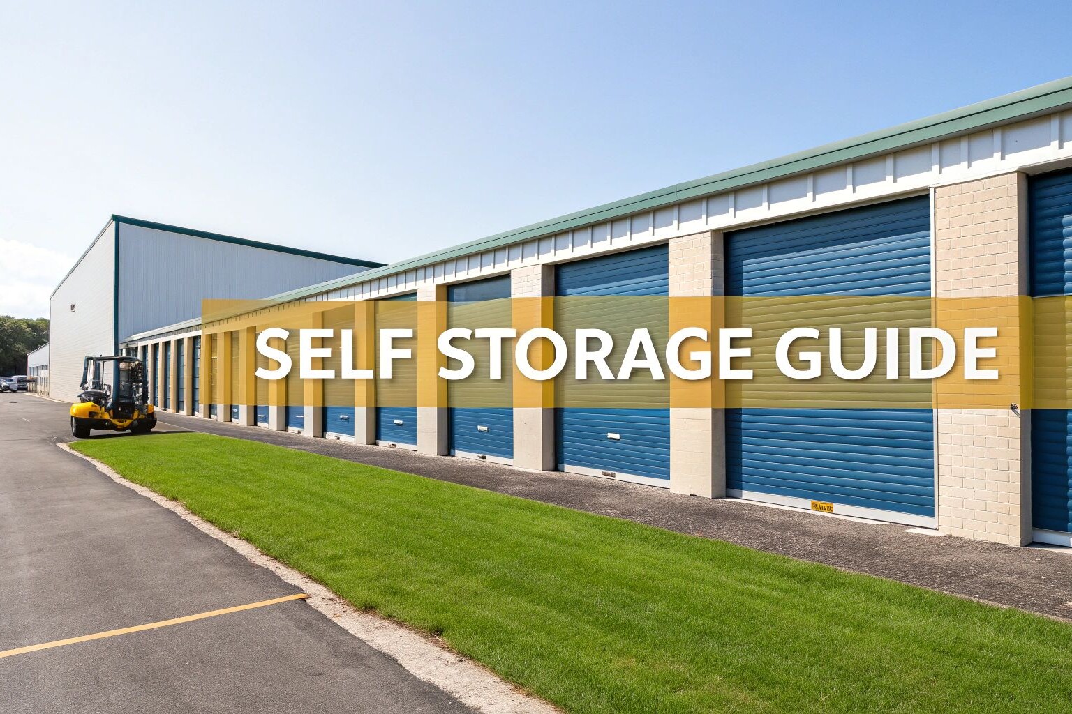 A row of self-storage units with blue doors and beige walls sits beside a paved driveway. A yellow forklift is parked on the left. Text over the image reads, 