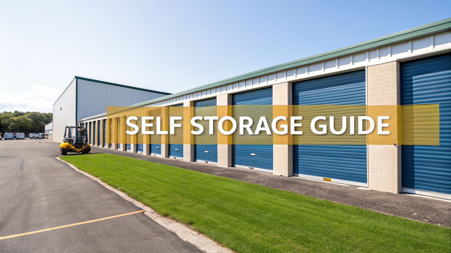 A row of self-storage units with blue doors and beige walls sits beside a paved driveway. A yellow forklift is parked on the left. Text over the image reads, "SELF STORAGE GUIDE.