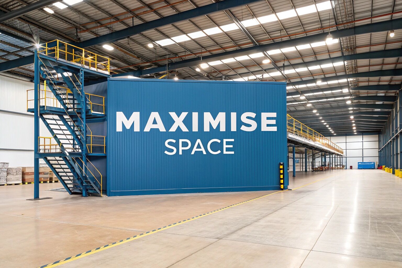 Large, modern warehouse interior with a blue structure displaying the words 
