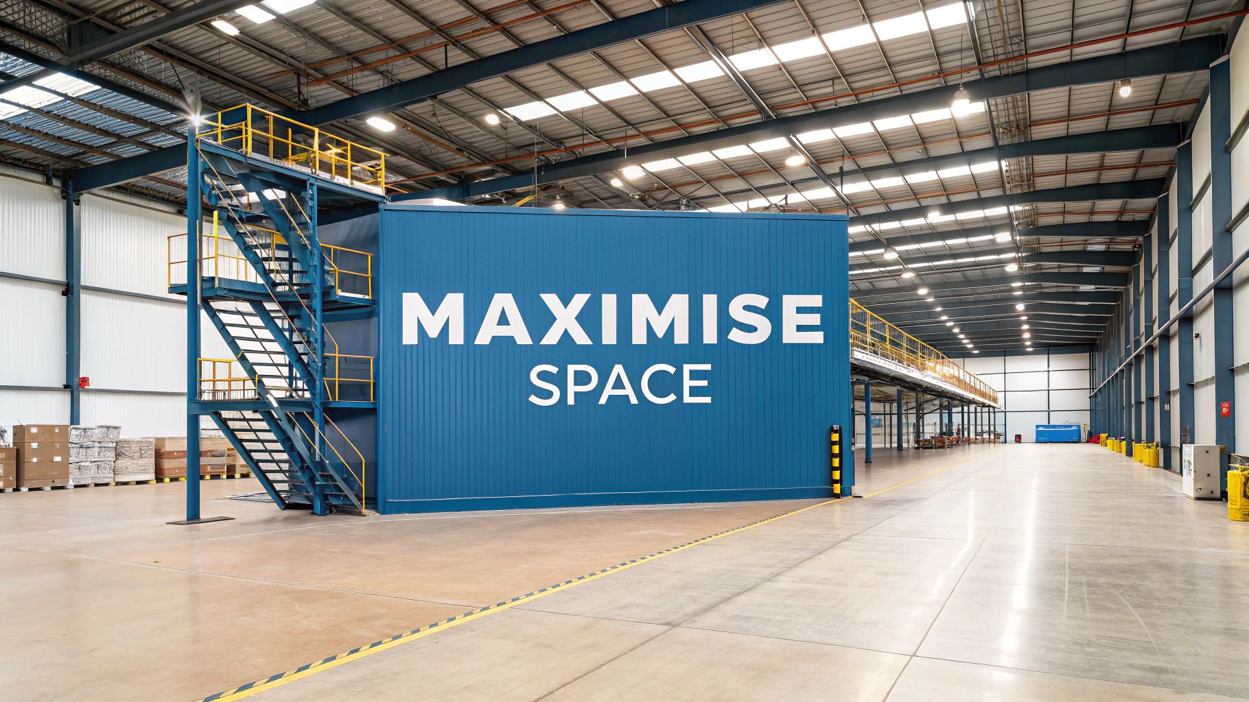 Large, modern warehouse interior with a blue structure displaying the words "MAXIMISE SPACE" in bold white letters; wide open floor, metal stairs, shelves, and high ceilings with industrial lighting.