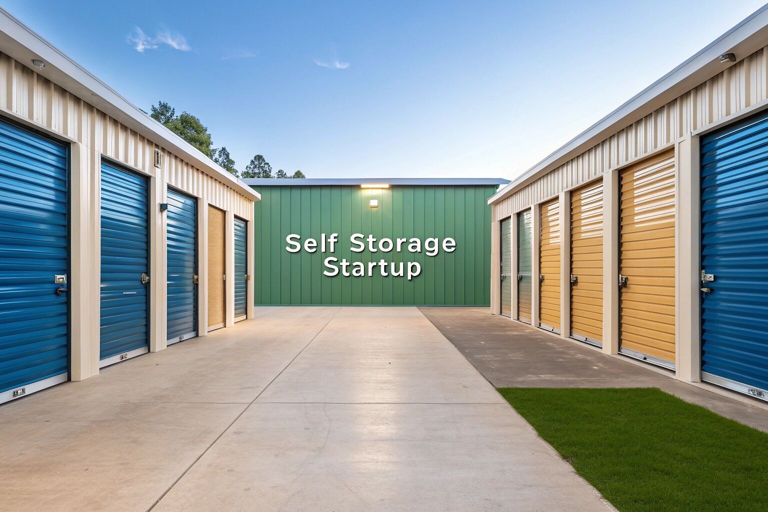 A row of self storage units with blue and yellow doors lines both sides of a clean concrete walkway. A green building at the end displays the words 