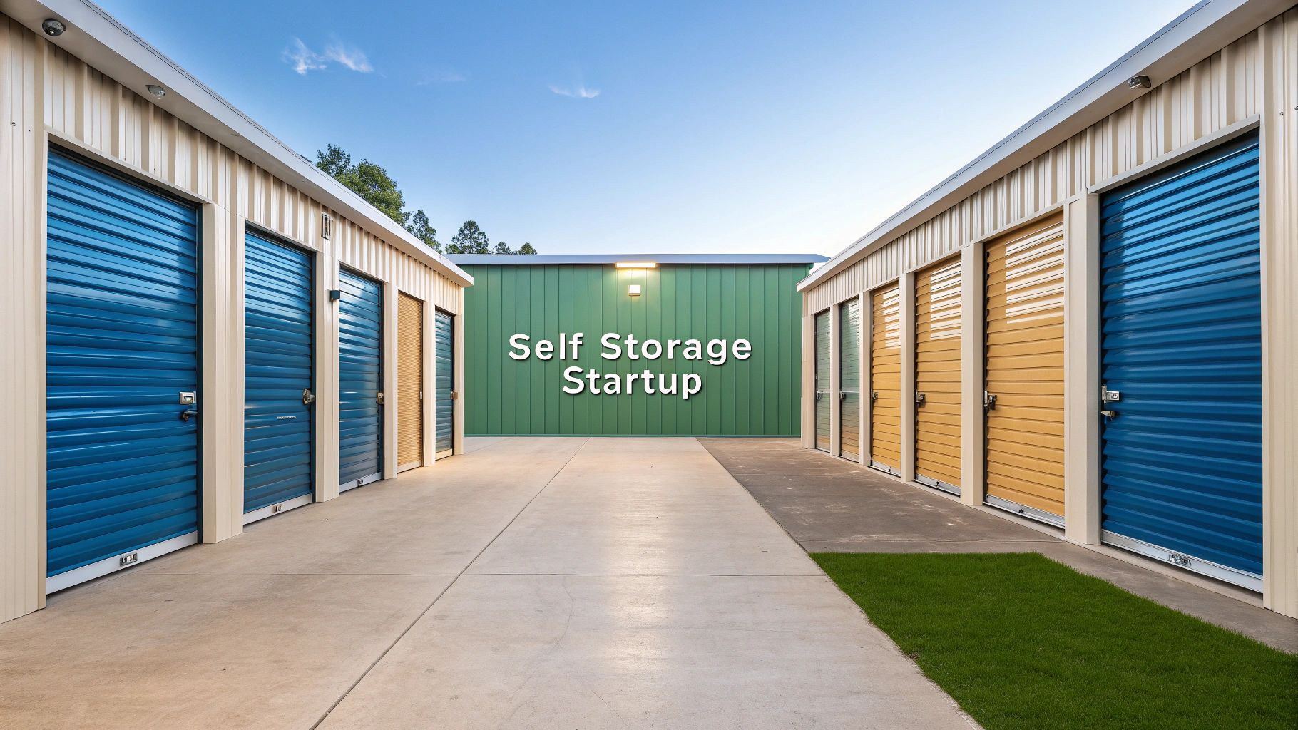 A row of self storage units with blue and yellow doors lines both sides of a clean concrete walkway. A green building at the end displays the words 