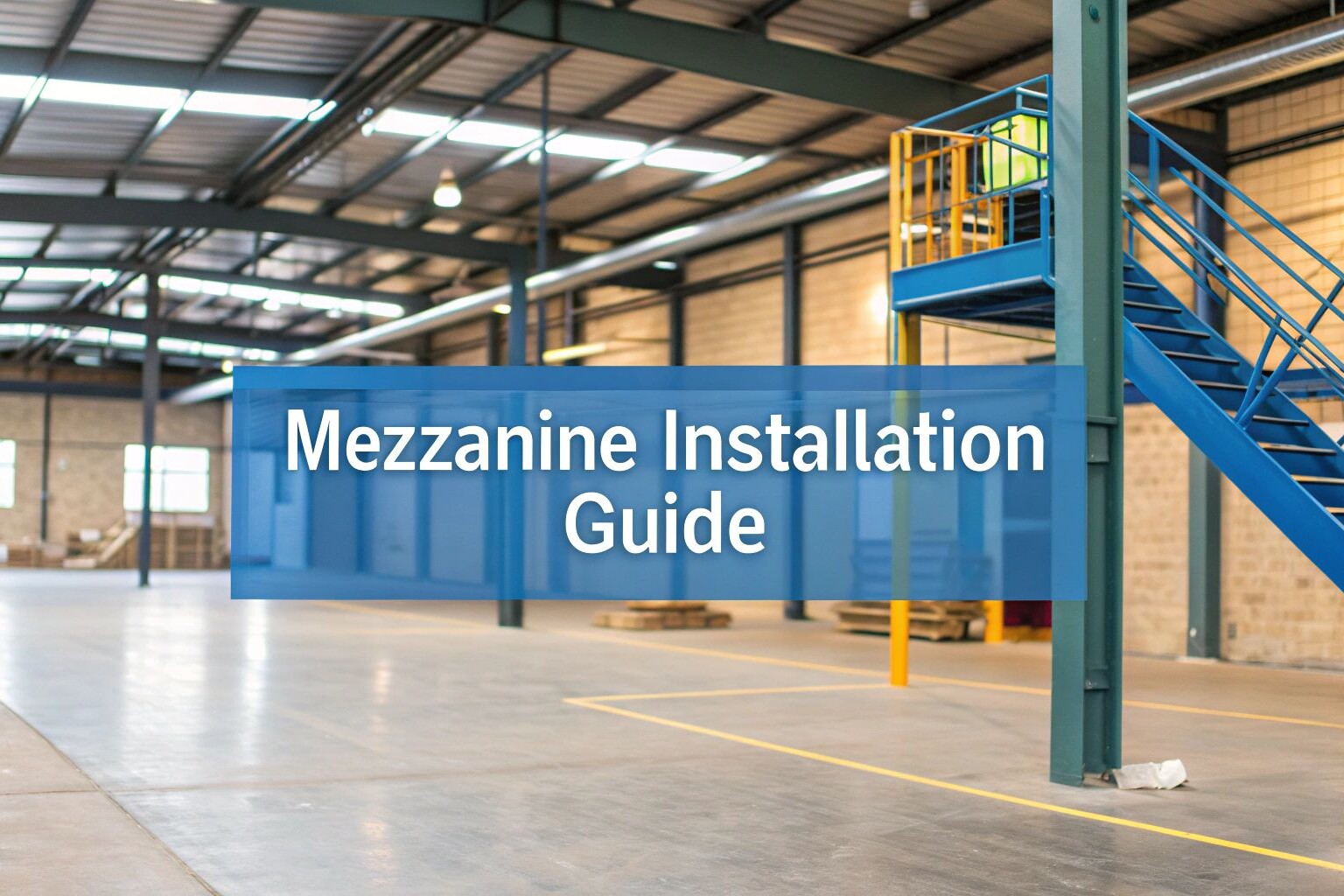 An empty warehouse with a blue metal mezzanine staircase and a transparent overlay reading 