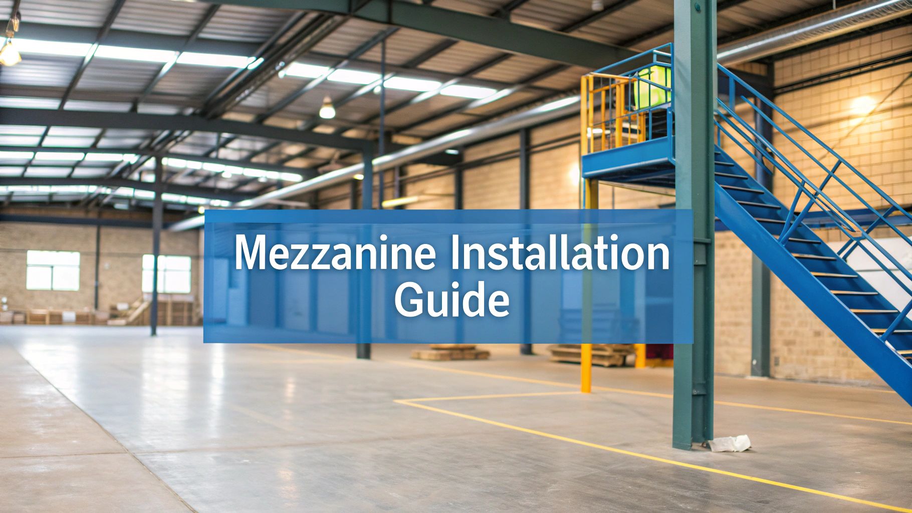 An empty warehouse with a blue metal mezzanine staircase and a transparent overlay reading 