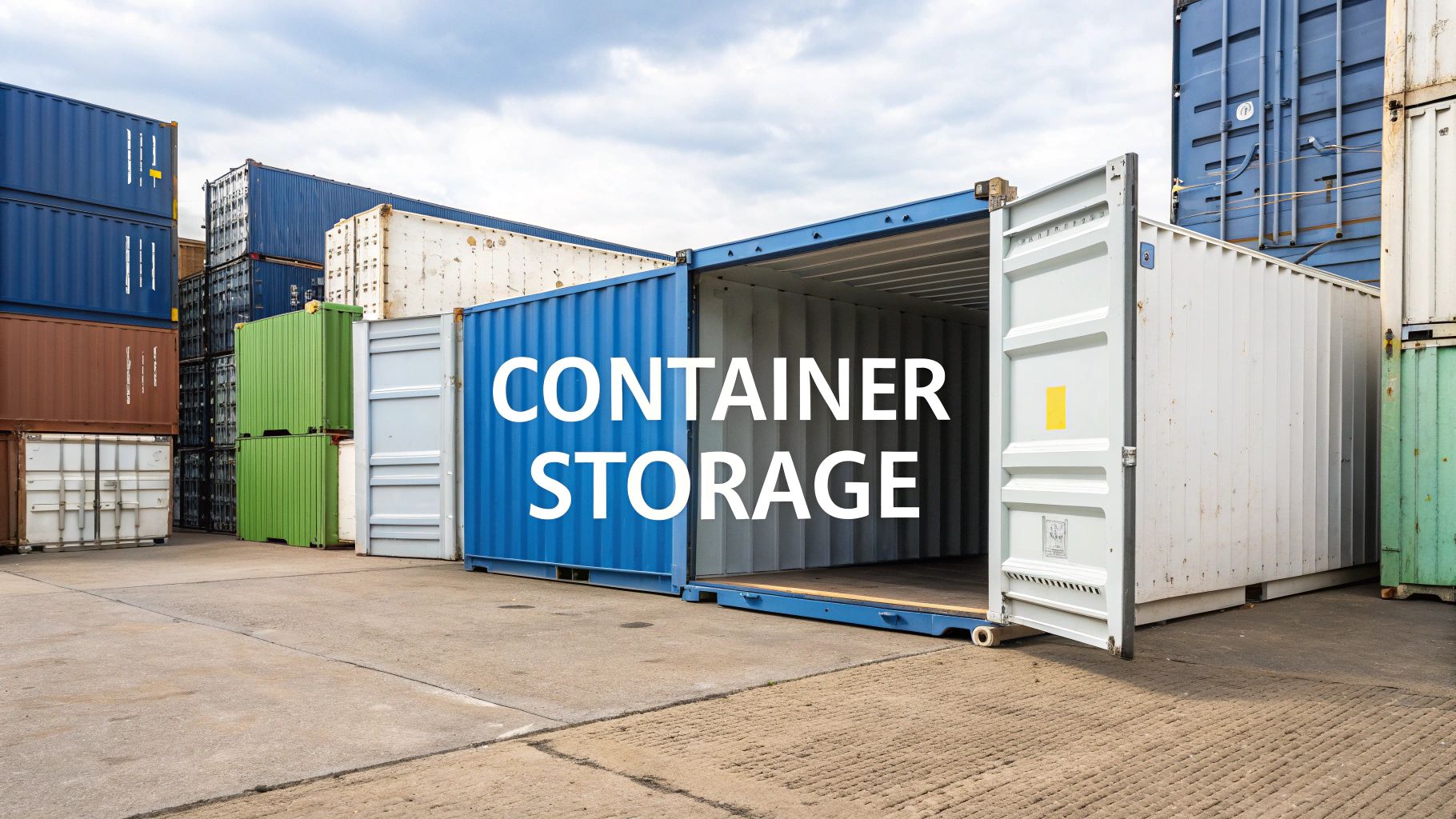 A group of stacked shipping containers in a storage yard, with one blue and white container open and the words 