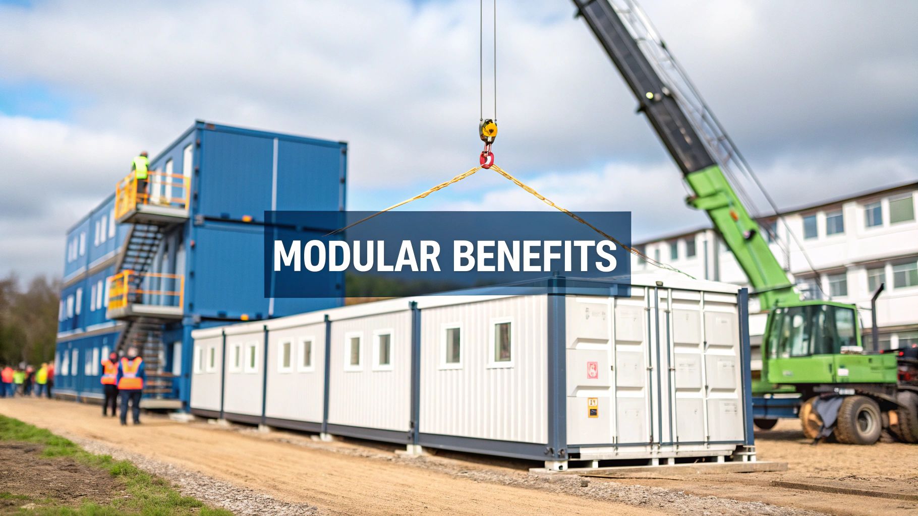 A crane lifts a modular building unit at a construction site with stacked blue and white modular structures; workers in safety gear are nearby. Text overlay reads 