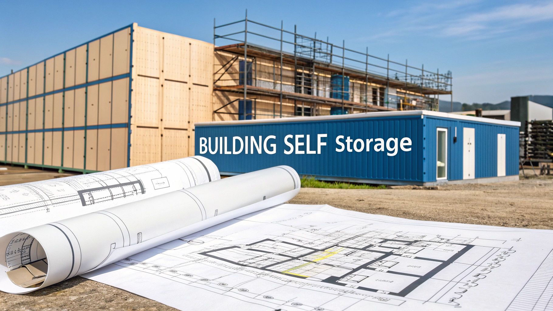 Blueprints on the ground in front of a construction site with storage units and a blue portable office labeled "BUILDING SELF Storage" amid scaffolding and building materials under a blue sky.
