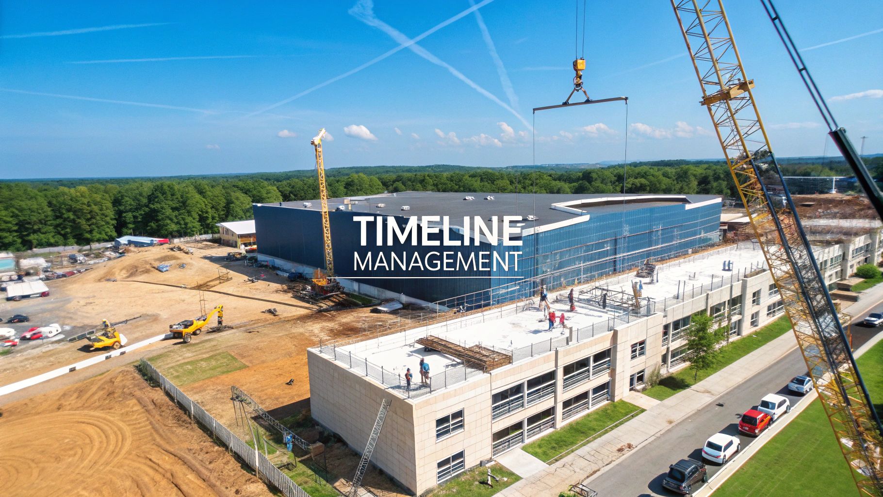 A large construction site with cranes and workers assembling a modern building. The words "TIMELINE MANAGEMENT" are overlaid on the image. Trees and a blue sky with clouds are visible in the background.
