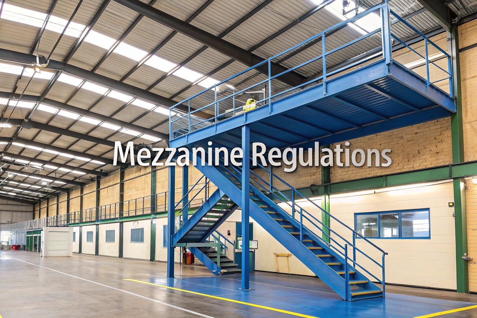 Spacious warehouse interior with a blue steel mezzanine floor and stairs, yellow safety stripe on the ground, and the text “Mezzanine Regulations” overlaid in the center.