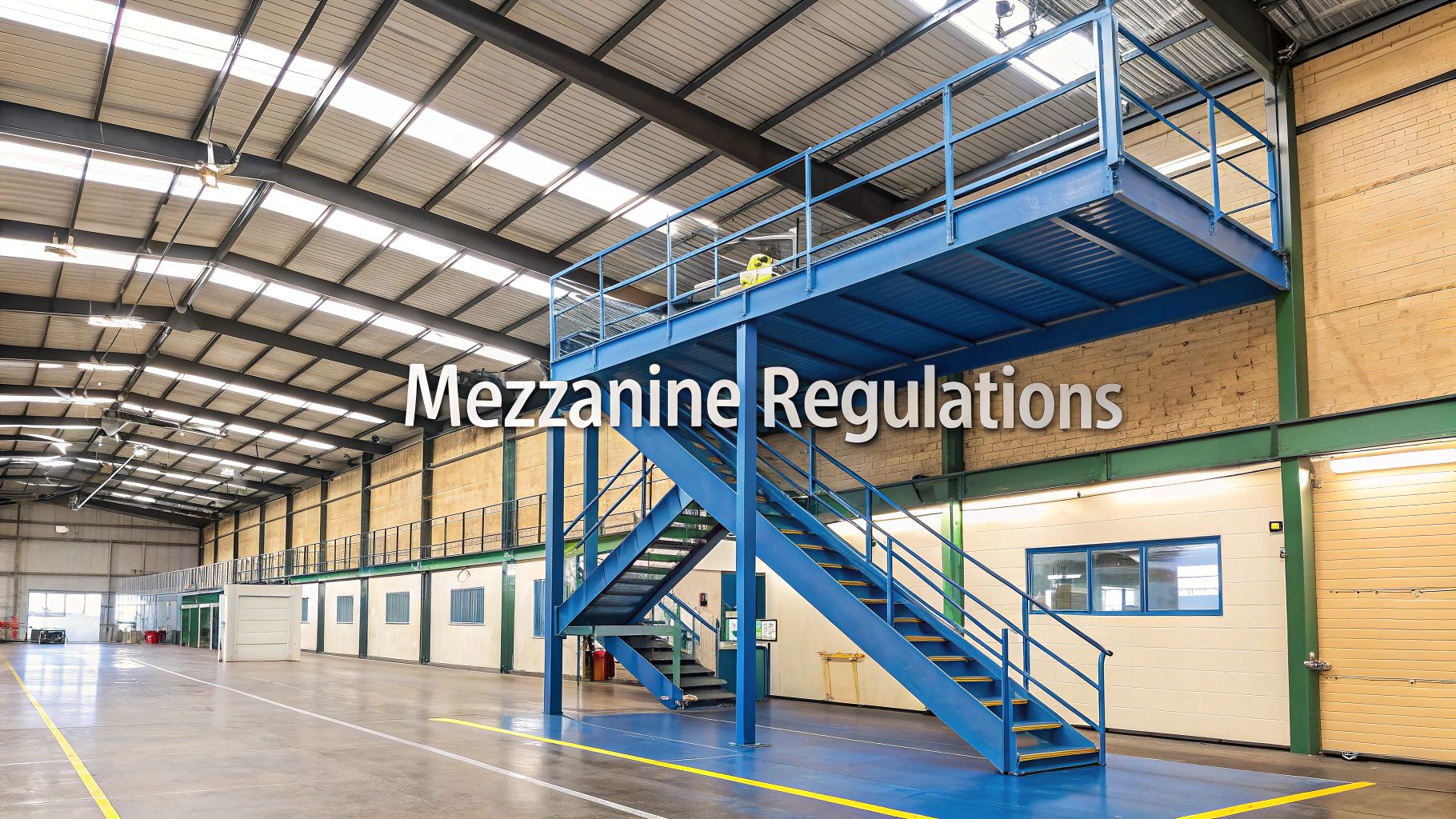 Spacious warehouse interior with a blue steel mezzanine floor and stairs, yellow safety stripe on the ground, and the text “Mezzanine Regulations” overlaid in the center.