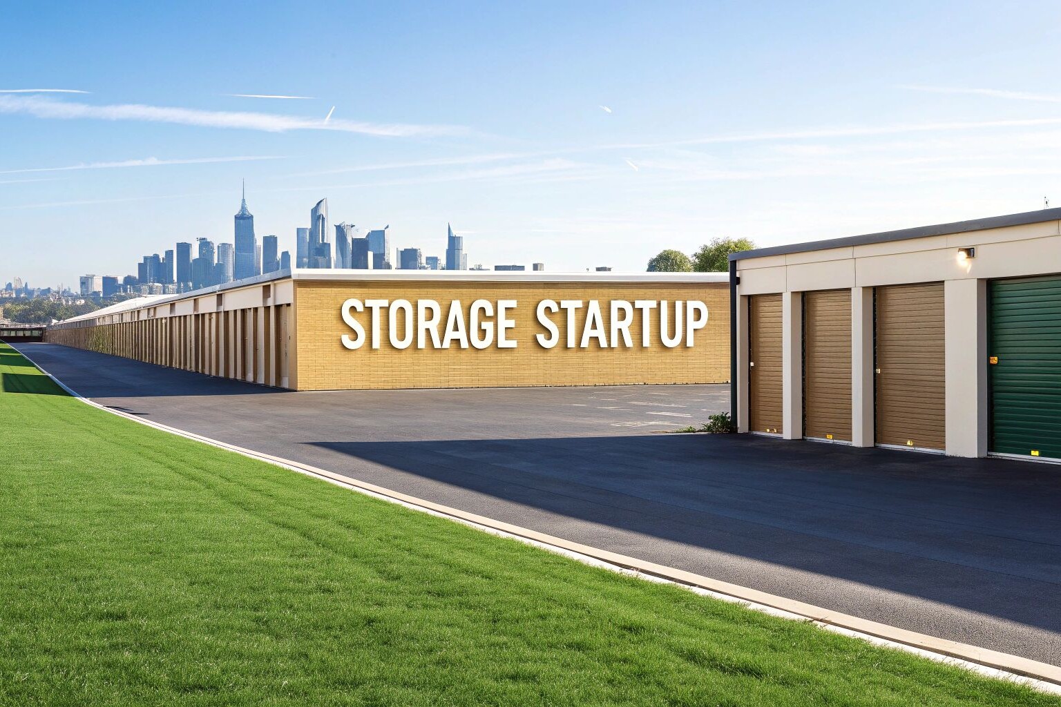 A modern storage facility with rows of storage units, a building labeled 