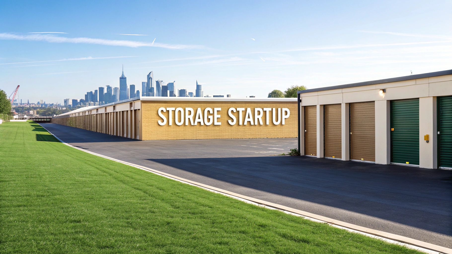 A modern storage facility with rows of storage units, a building labeled "STORAGE STARTUP," and a city skyline with skyscrapers visible in the background under a blue sky.