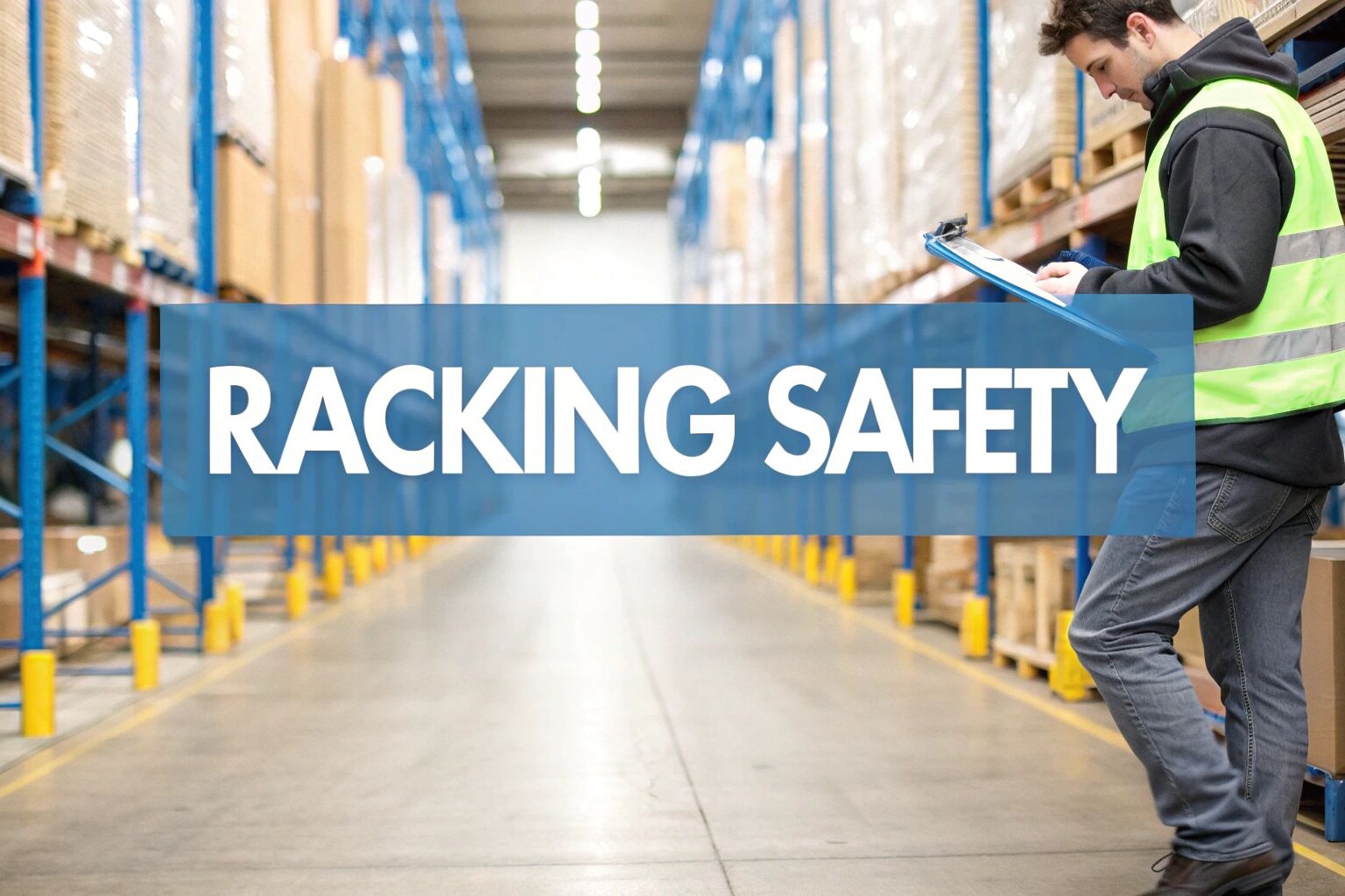 A warehouse worker wearing a safety vest checks a clipboard next to tall storage racks. The words 