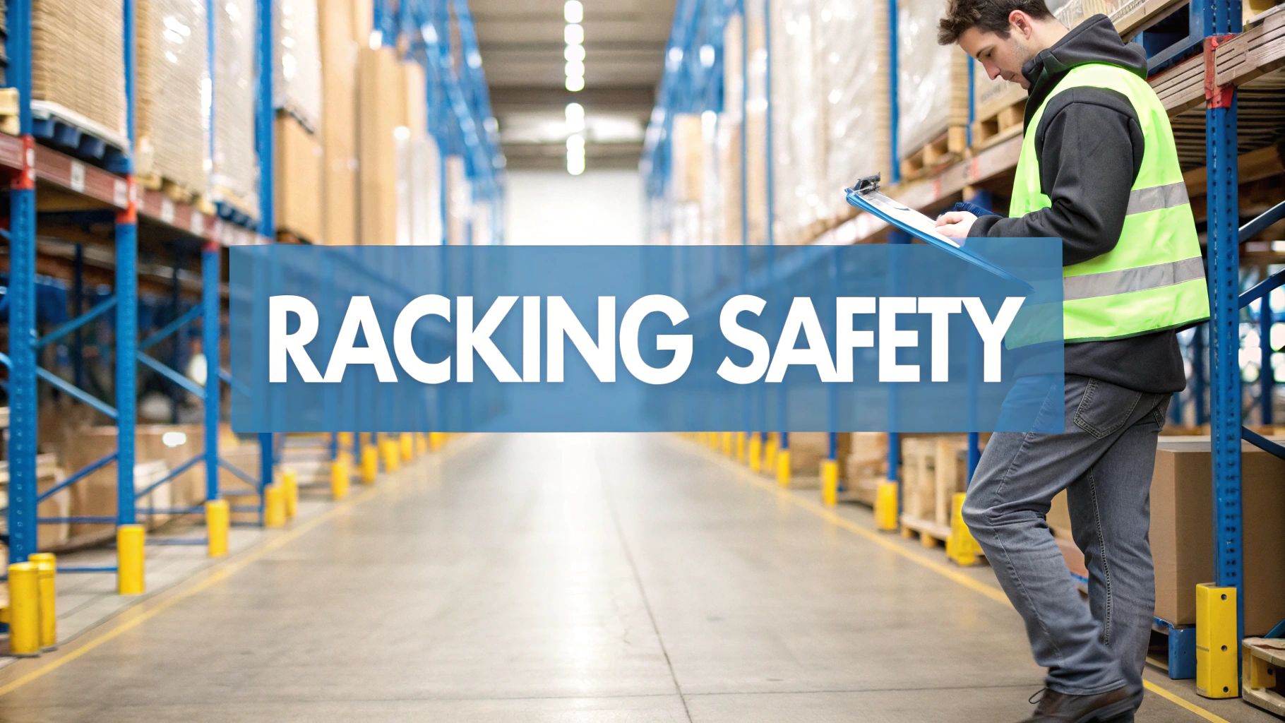 A warehouse worker wearing a safety vest checks a clipboard next to tall storage racks. The words "RACKING SAFETY" are displayed prominently in the center of the image.