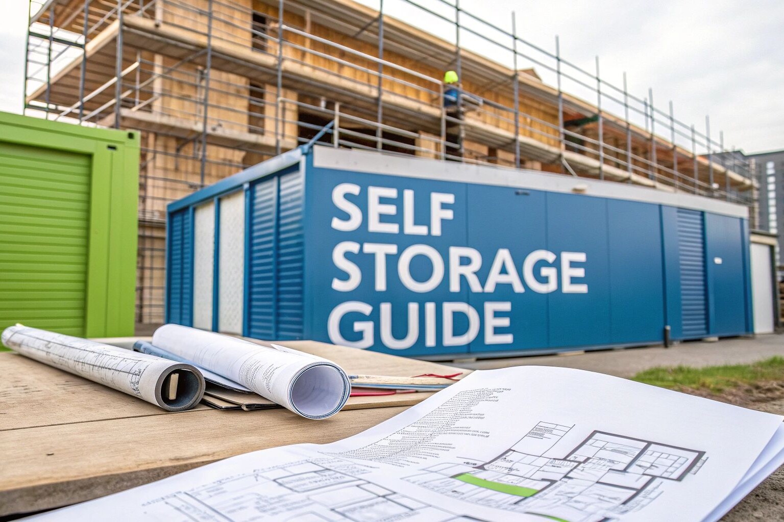 thumbnail 3 uai • Building a Self Storage Unit UK Guide Blueprints and rolled-up plans lie on a table in front of a blue shipping container labeled