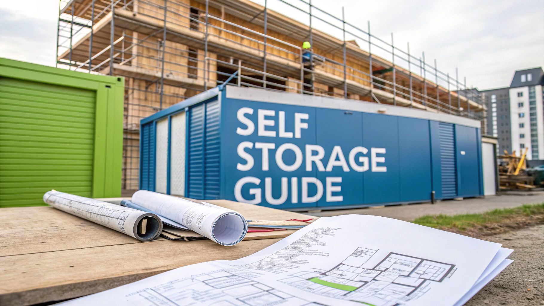 thumbnail 3 • Building a Self Storage Unit UK Guide Blueprints and rolled-up plans lie on a table in front of a blue shipping container labeled
