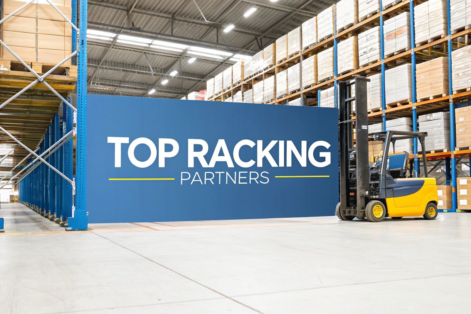 thumbnail 4 uai • Top Warehouse Racking Companies | Find Your Ideal Partner A warehouse with tall racks filled with boxes, a yellow and black forklift, and a large blue wall displaying the words