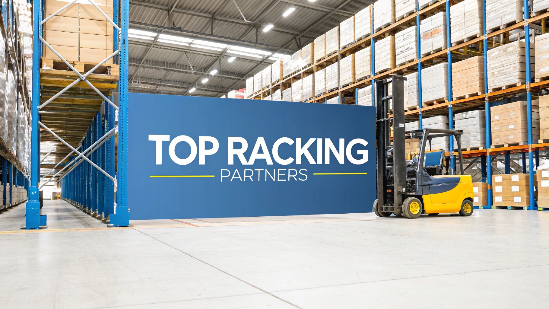 thumbnail 4 • Top Warehouse Racking Companies | Find Your Ideal Partner A warehouse with tall racks filled with boxes, a yellow and black forklift, and a large blue wall displaying the words