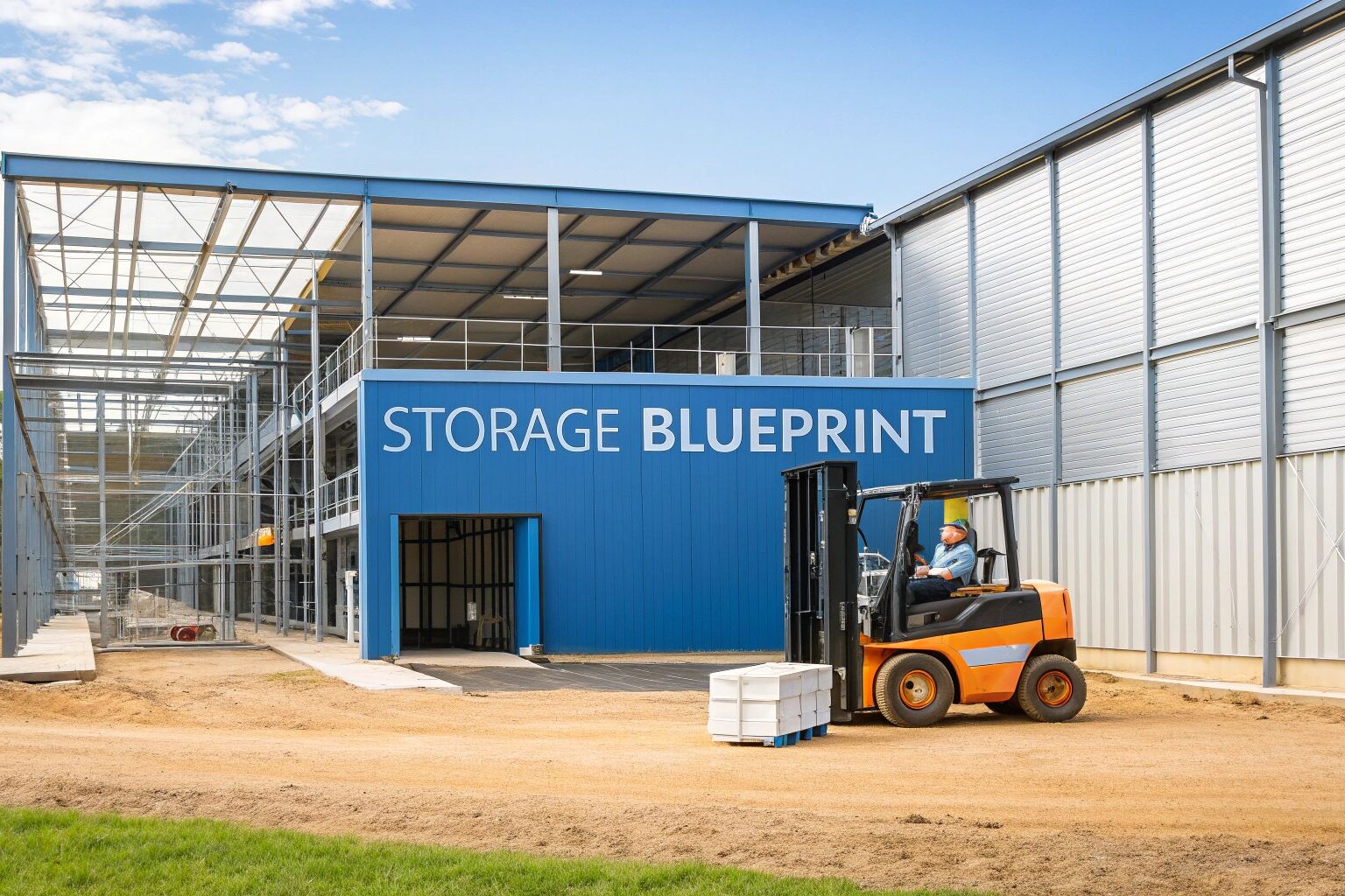 A worker operates an orange forklift carrying white containers near a blue industrial building labeled 