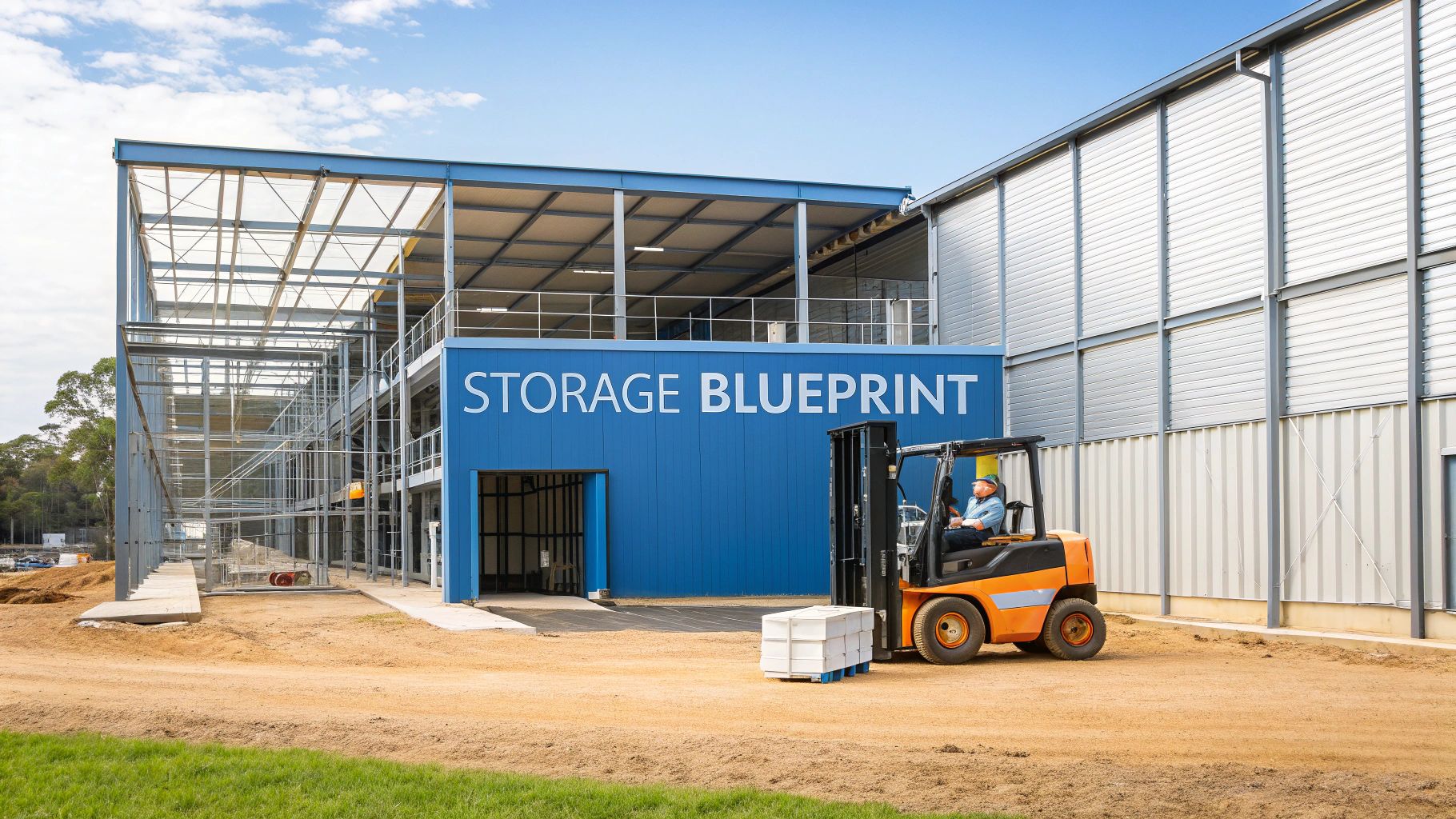 A worker operates an orange forklift carrying white containers near a blue industrial building labeled "STORAGE BLUEPRINT" under a partly cloudy sky. Scaffolding is visible on the left side of the building.