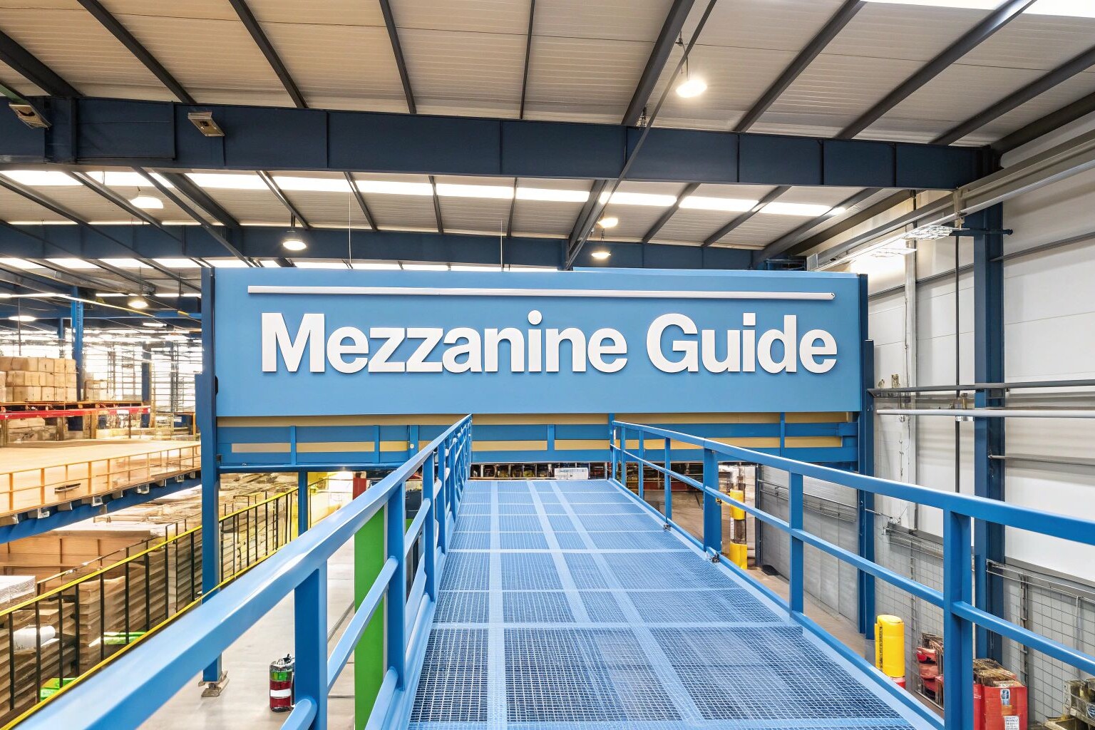 A wide blue walkway leads to a large blue sign that reads 