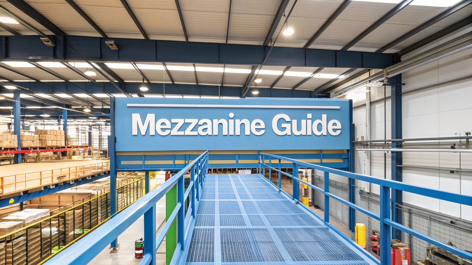 A wide blue walkway leads to a large blue sign that reads "Mezzanine Guide" inside a modern warehouse with metal beams and storage racks.