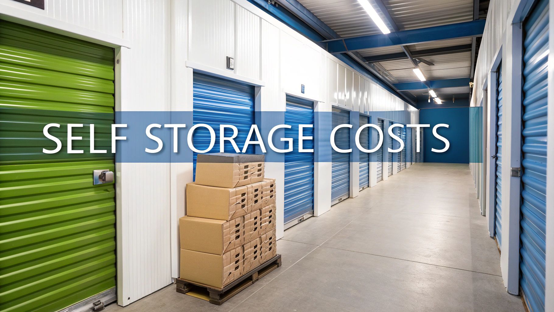 A hallway with blue and green storage unit doors, a stack of cardboard boxes on a pallet, and the words "SELF STORAGE COSTS" overlaid on the image.