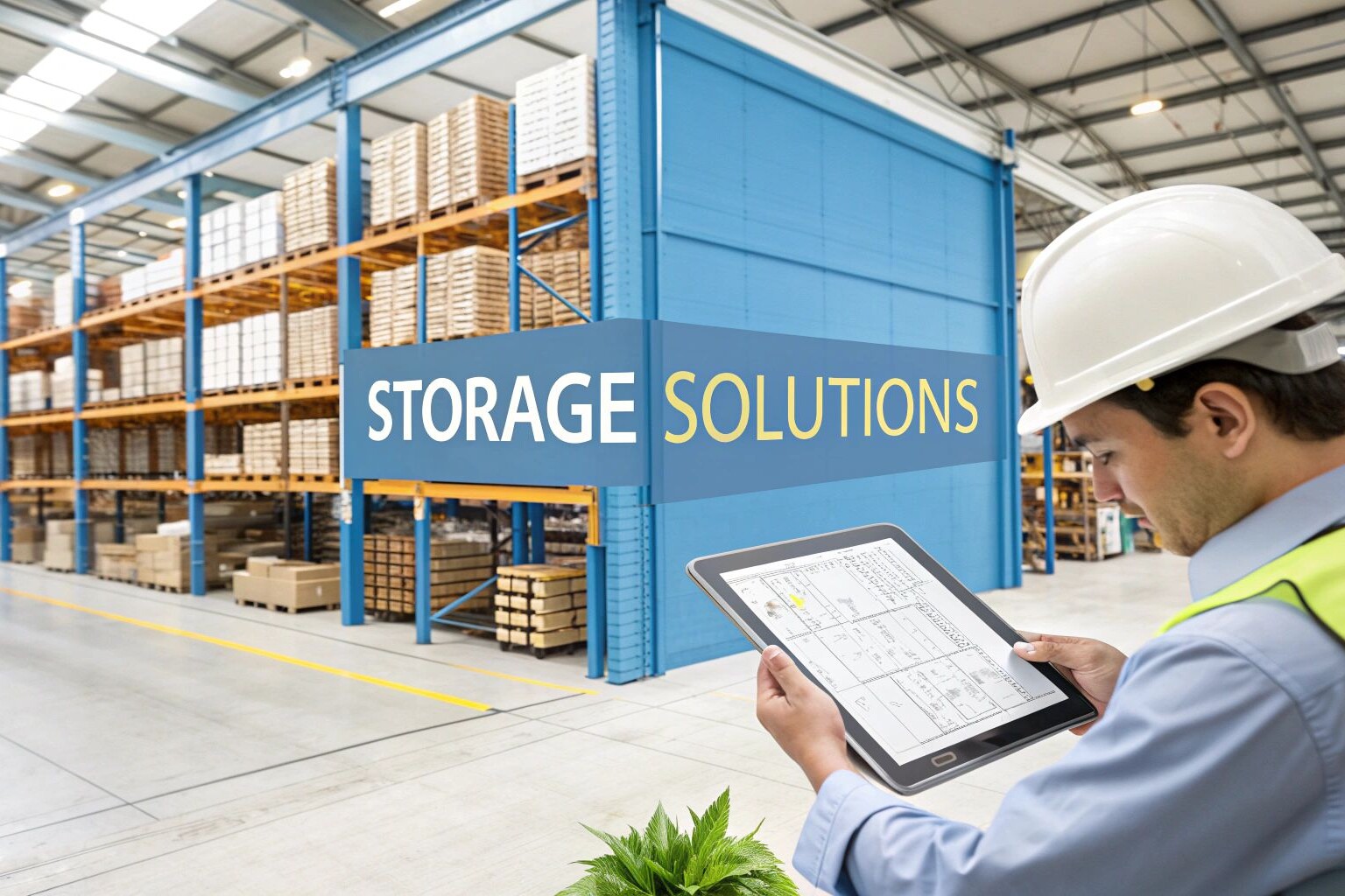 A warehouse worker wearing a hard hat and safety vest uses a tablet in front of large shelves filled with boxes. A sign reads 