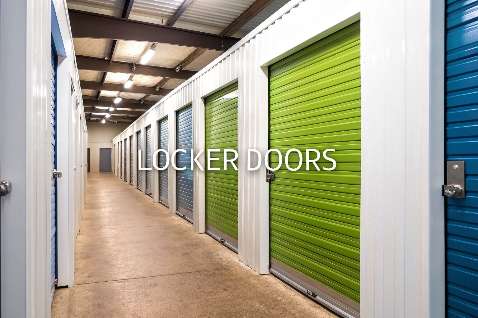 A hallway with rows of closed blue and green metal storage locker doors, with 
