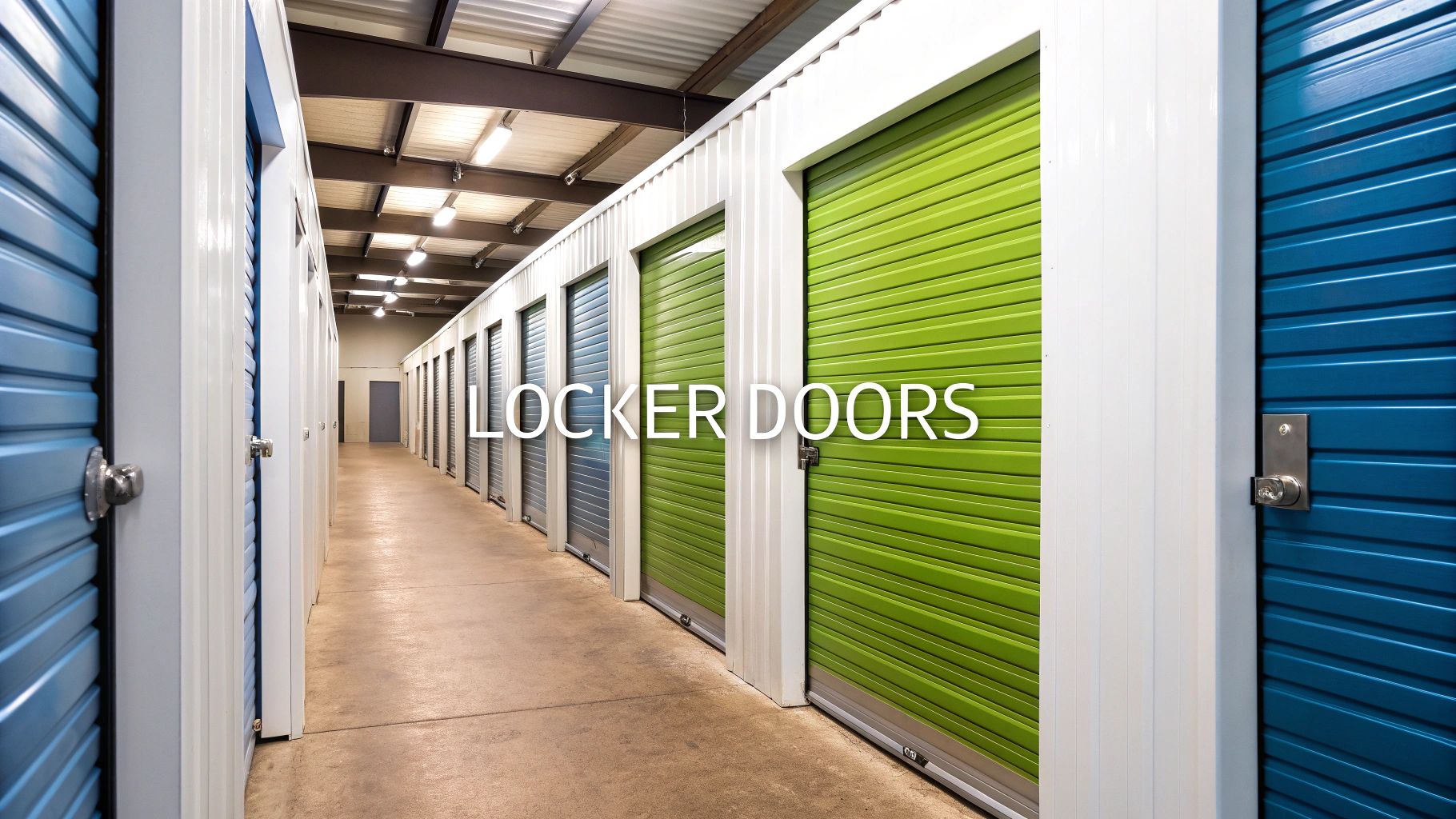 A hallway with rows of closed blue and green metal storage locker doors, with "LOCKER DOORS" written across the center of the image. The floor is polished concrete and the ceiling has exposed beams and lights.