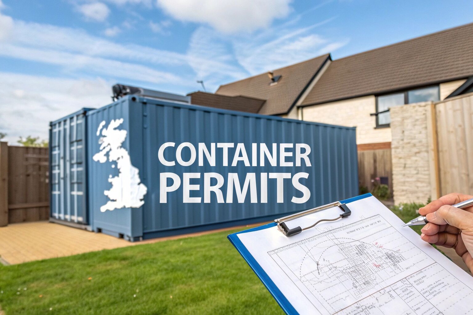 A person holding a clipboard with documents stands in a backyard near a blue shipping container. Text on the image reads 