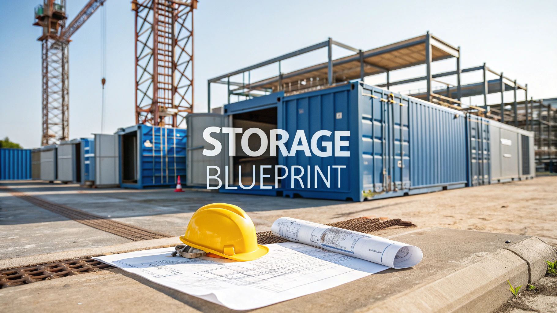 A yellow hard hat and a rolled blueprint rest on a concrete surface at a construction site with blue shipping containers and cranes; the words “STORAGE BLUEPRINT” are overlaid on the image.