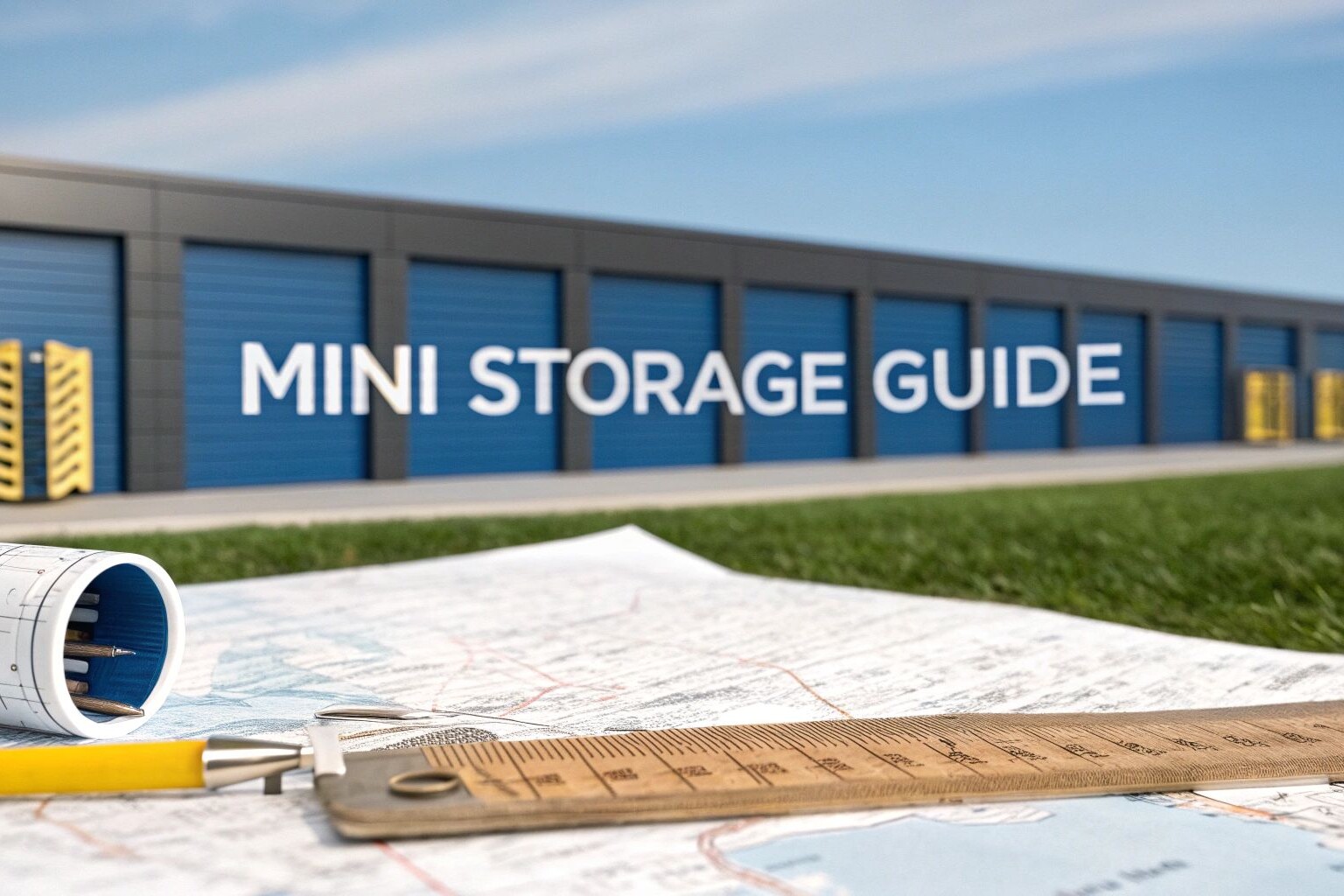 Blueprints, a ruler, and a pencil rest on a map in the foreground, with a row of blue storage unit doors in the background. Large white text on the building reads “MINI STORAGE GUIDE.”.