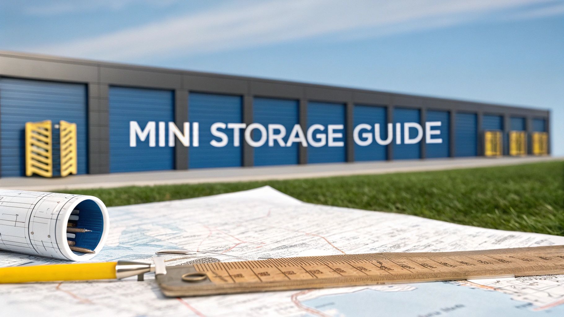 Blueprints, a ruler, and a pencil rest on a map in the foreground, with a row of blue storage unit doors in the background. Large white text on the building reads “MINI STORAGE GUIDE.”.