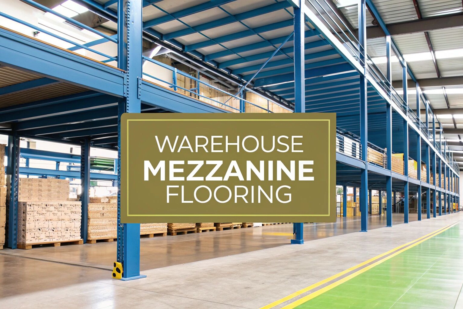 Large warehouse interior with blue metal mezzanine flooring and shelves filled with wooden crates. A sign in the foreground reads 