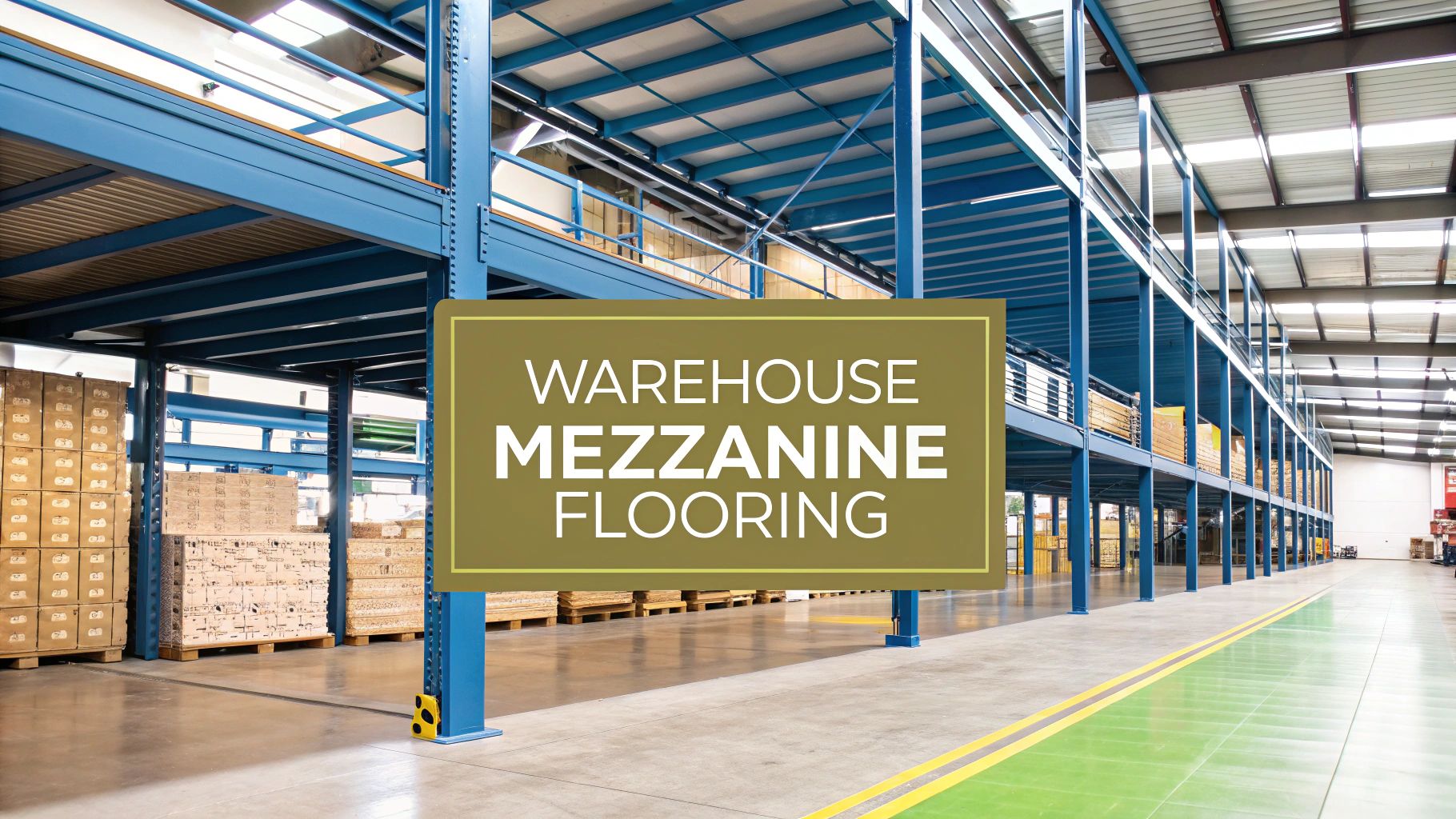 Large warehouse interior with blue metal mezzanine flooring and shelves filled with wooden crates. A sign in the foreground reads "Warehouse Mezzanine Flooring." The floor is clean and well-lit.