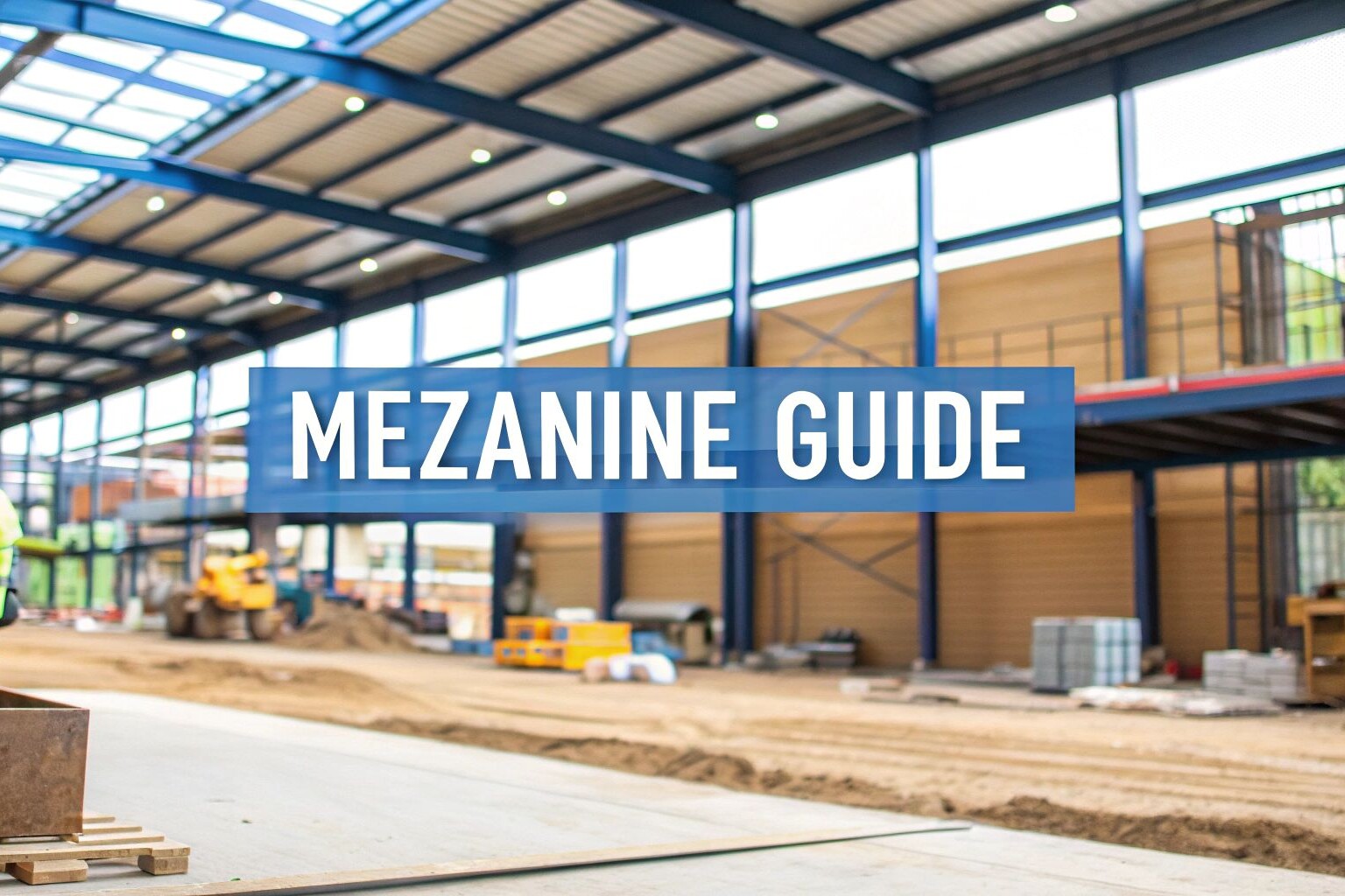 A construction worker in a high-visibility jacket and red helmet stands inside a large industrial building under construction. The text 