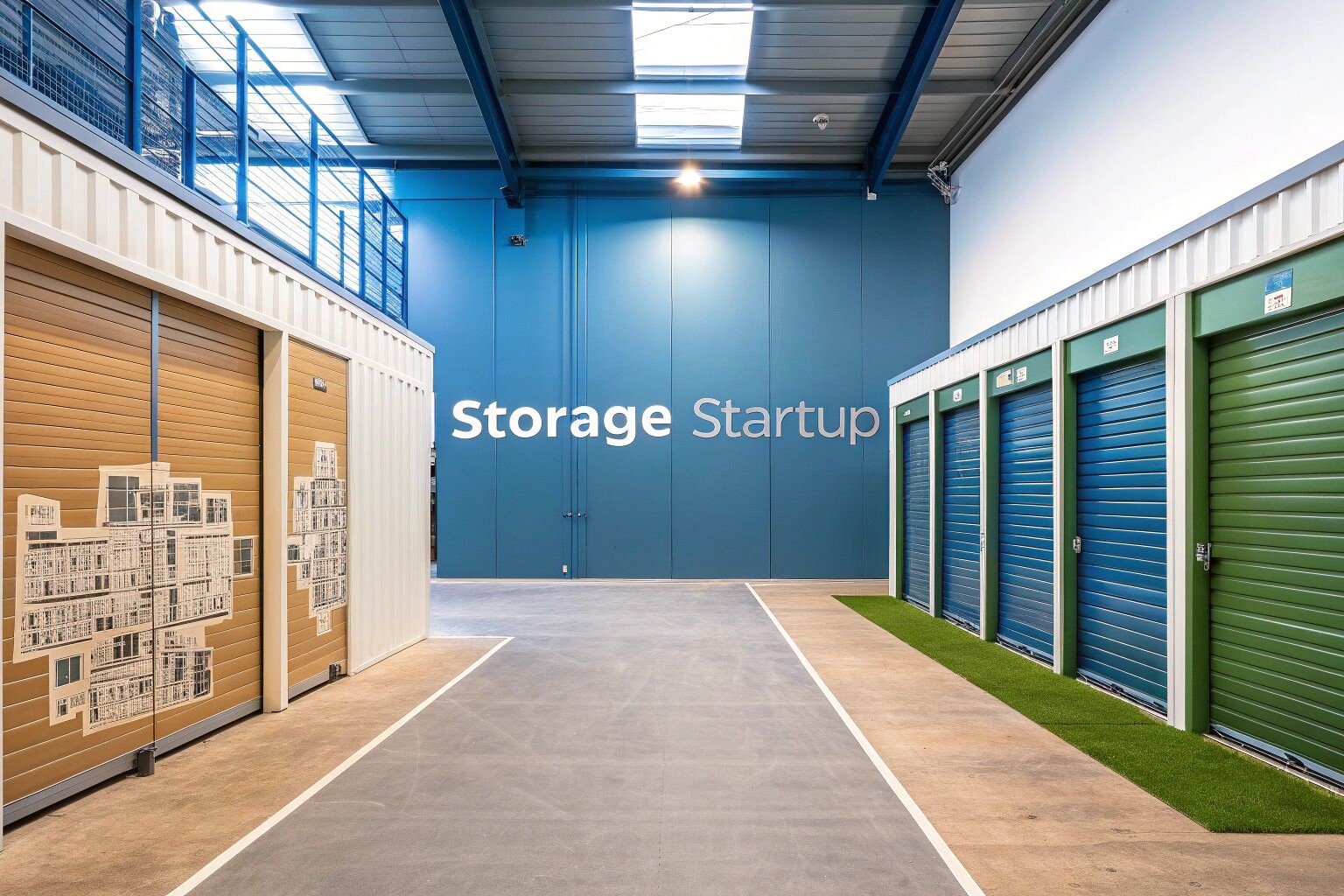 Modern indoor storage facility with clean, colorful storage unit doors on both sides of a hallway; a blue wall at the end displays the words 