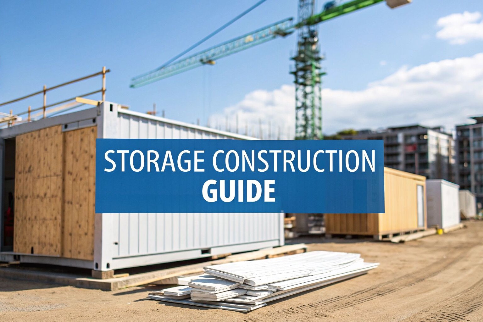 Construction site with shipping container-style storage units, building materials, and a crane in the background. A blue banner across the image reads 